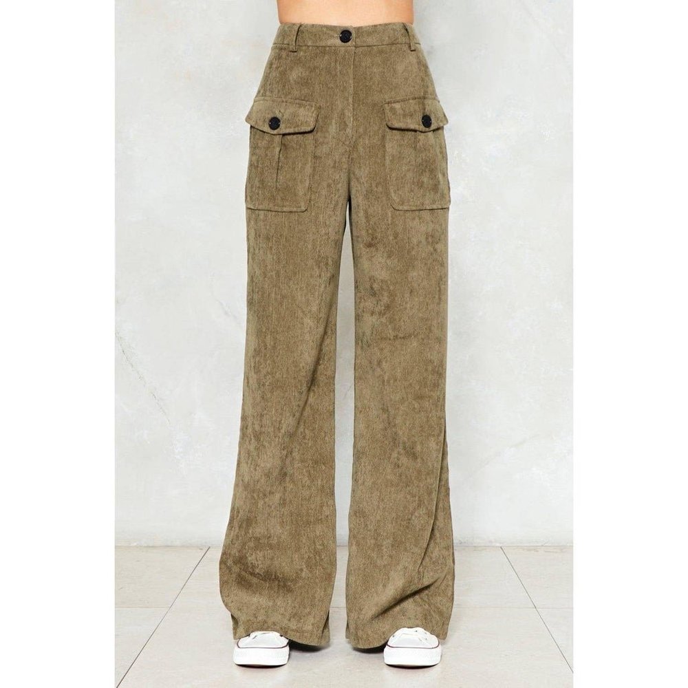 Nasty Gal Wide or Die Cord Pants Wide leg olive green baggy 90s y2k cargo 10